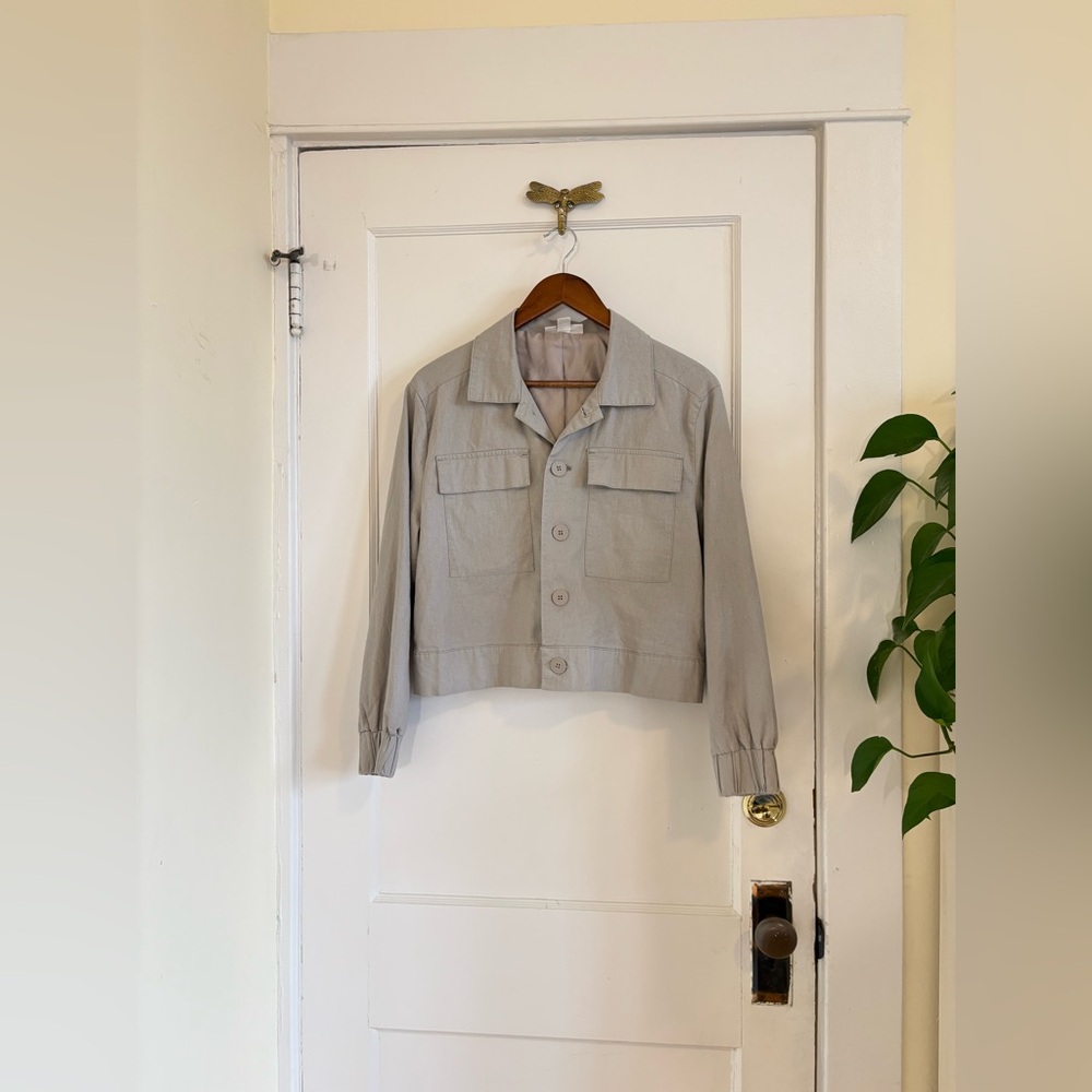 Catherine Malandrino Gray Linen Cotton Blend Cropped Minimalist Jacket Small